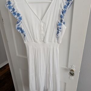 White Dress with Blue Embroidery